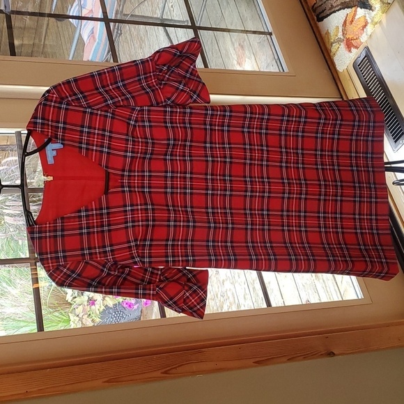 Draper James Lipstick Red Multi Angie Check Ruffle Sleeve Shift Lined Sz 0 Dress - Picture 3 of 13
